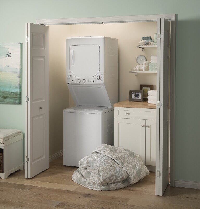 GE Unitized Spacemaker 2.3 cu. ft. Capacity Washer with Stainless Steel Basket and 4.4 cu. ft. Capacity Electric Dryer (GUD24ESSMWW) Specialty Laundry