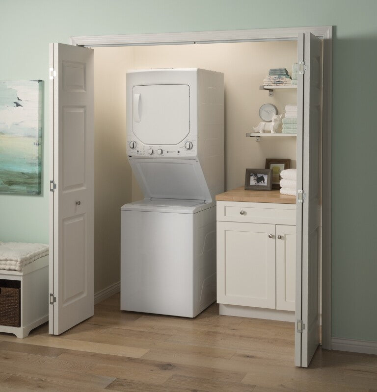 GE Unitized Spacemaker 2.3 cu. ft. Capacity Washer with Stainless Steel Basket and 4.4 cu. ft. Capacity Electric Dryer (GUD24ESSMWW) Specialty Laundry