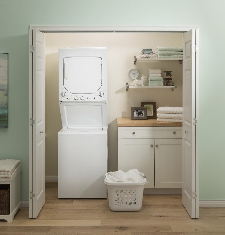GE Unitized Spacemaker 2.3 cu. ft. Capacity Washer with Stainless Steel Basket and 4.4 cu. ft. Capacity Electric Dryer (GUD24ESSMWW) Specialty Laundry