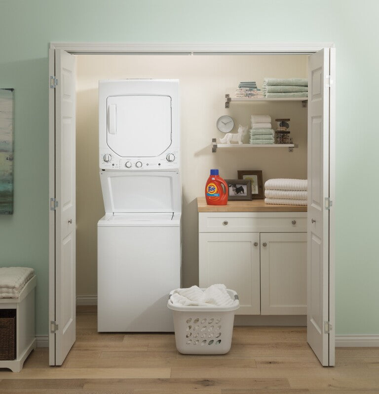 GE Unitized Spacemaker 2.3 cu. ft. Capacity Washer with Stainless Steel Basket and 4.4 cu. ft. Capacity Electric Dryer (GUD24ESSMWW) Specialty Laundry