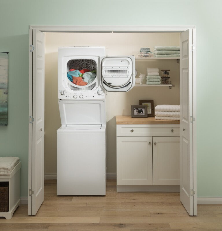 GE Unitized Spacemaker 2.3 cu. ft. Capacity Washer with Stainless Steel Basket and 4.4 cu. ft. Capacity Electric Dryer (GUD24ESSMWW) Specialty Laundry