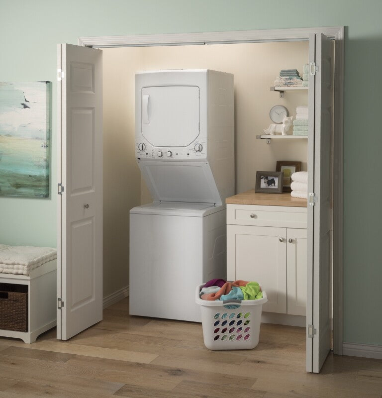 GE Unitized Spacemaker 2.3 cu. ft. Capacity Washer with Stainless Steel Basket and 4.4 cu. ft. Capacity Electric Dryer (GUD24ESSMWW) Specialty Laundry