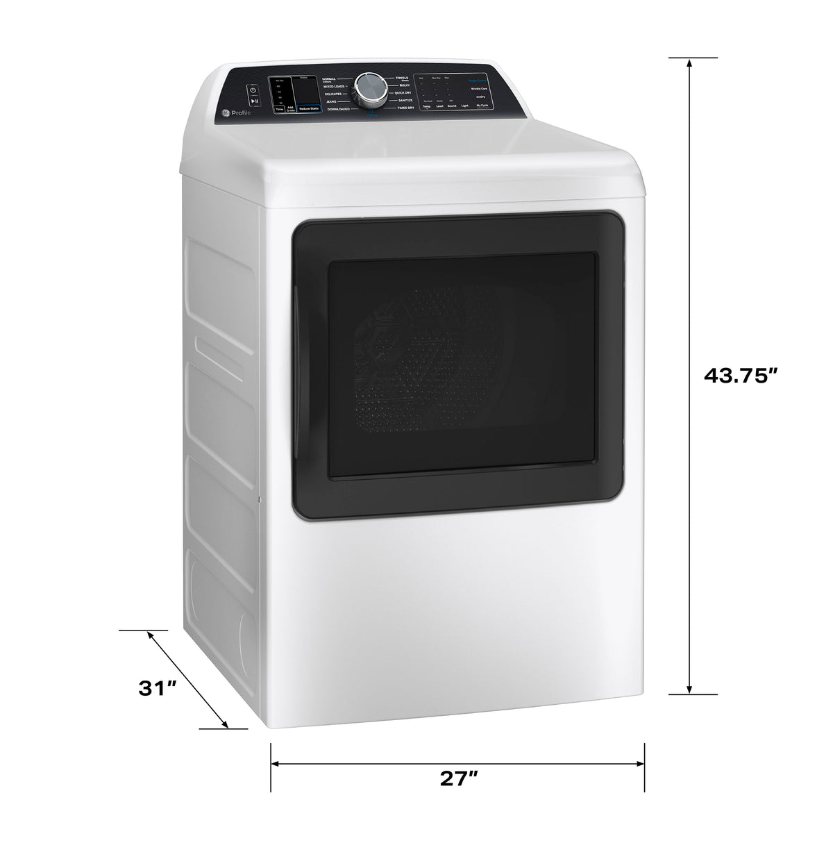 GE Profile 7.4 cu. ft. Capacity Smart aluminized alloy drum Electric Dryer with Sanitize Cycle and Sensor Dry (PTD70EBSTWS)