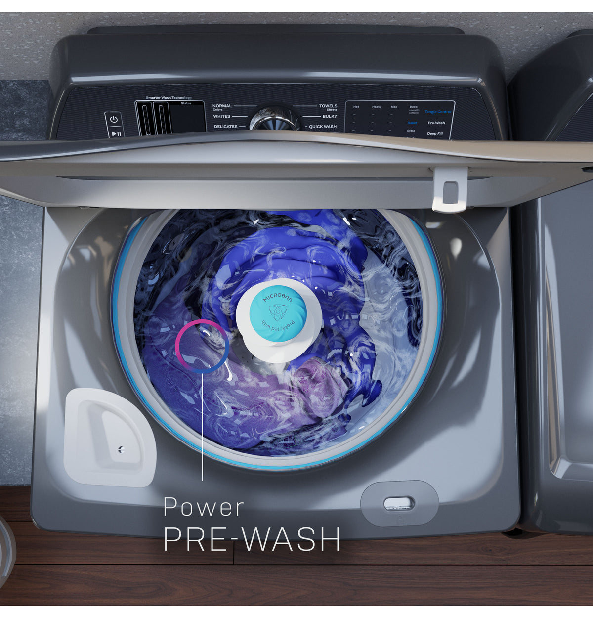 GE Profile 5.3 cu. ft. Capacity Washer with Smarter Wash Technology and FlexDispense (PTW705BSTWS)